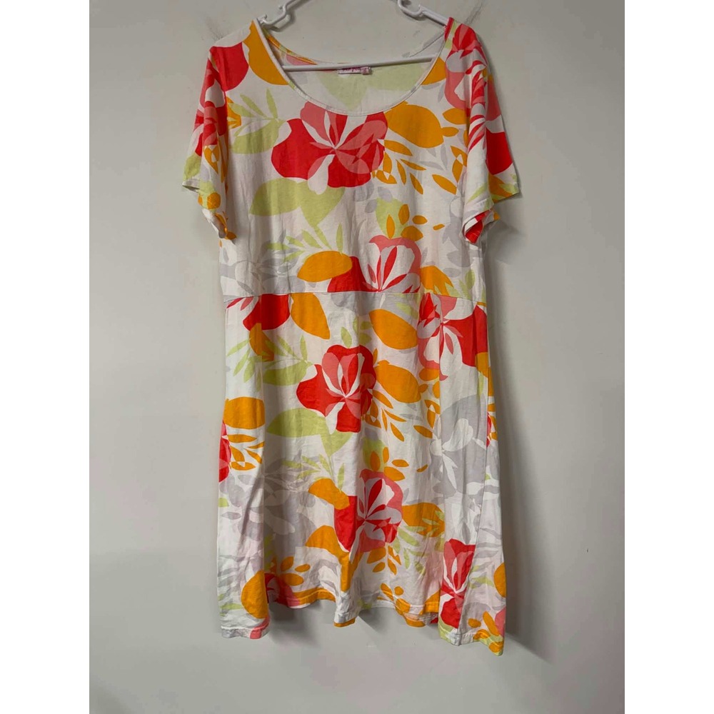 Fresh Produce Womens 1X White Floral T-Shirt Dress Short Sleeve Tropical Empire
